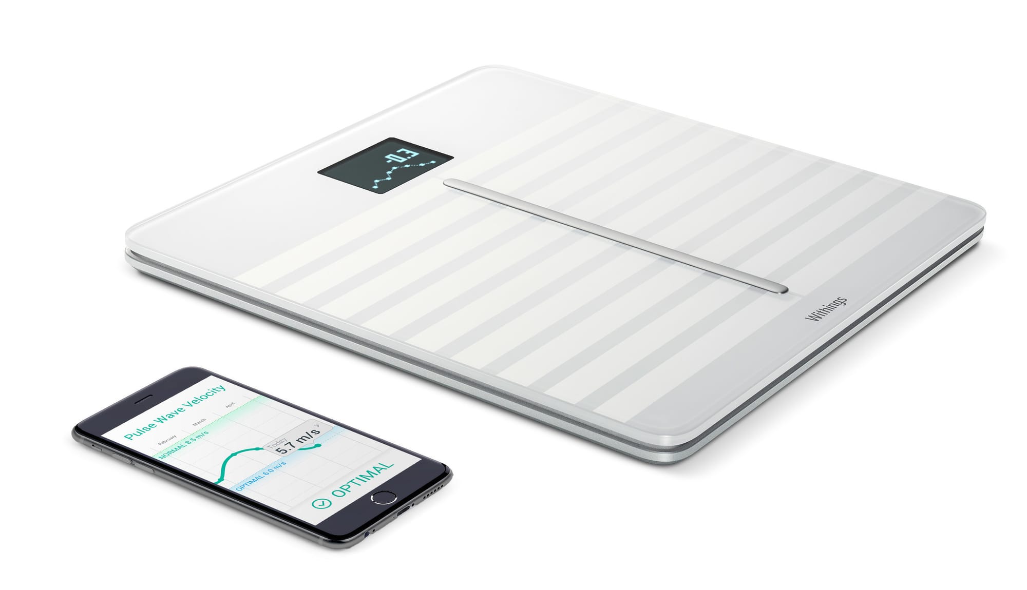 A white pair of bathroom scales with a small screen embedded on them, next to an iPhone old enough to have a home button.
